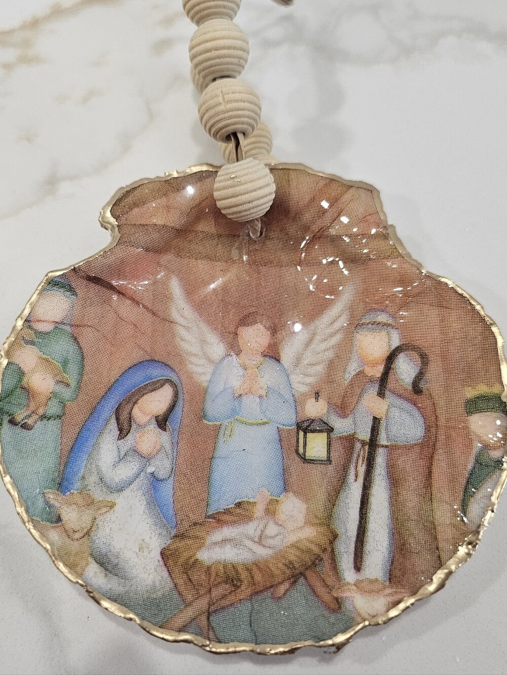 Handmade Decoupaged Nativity Scene Large Resin Sealed Scallop Christmas Ornament
